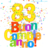 Animazione con il numero 83 in giallo e scritte multicolore 'Buon Compleanno!', accompagnate da una pioggia di stelle e coriandoli colorati.