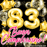 Animazione con palloncini dorati a forma del numero 83, circondati da decorazioni scintillanti e la scritta 'Buon Compleanno!' in caratteri rosa accattivanti.