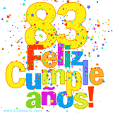 GIF festivo lleno de confeti de colores, el número 83 grande en amarillo y la frase 'Feliz cumpleaños' en letras multicolores y brillantes.
