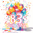 Animated star-shaped confetti, multicolor balloons, and a gift box in a joyful 83rd birthday GIF