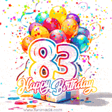 A festive birthday age GIF with animated star confetti, colorful balloons, and a gift box with the number 83. The text reads 'Happy Birthday'.