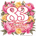 Animated 83rd birthday GIF featuring a wreath of beautiful peonies, perfect for her special day