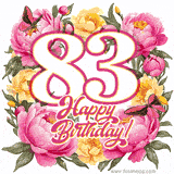 A celebratory GIF image features the animated number '83' and the words 'Happy Birthday!' surrounded by pink and yellow flowers. Two moving butterflies are included in this festive design.