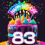 Chocolate cake with cyan layers, pink dressing and a big number 83 adorned with vibrant multicolored frosting, lit candles, and a rainbow topper with text that says 'Happy Birthday'. Animated colorful confetti move behind the cake.