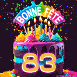 GIF animé pour un 83e anniversaire avec un gâteau au chocolat recouvert de glaçage arc-en-ciel, des bougies allumées, et le texte 'Bonne Fête' sur un fond étoilé et festif.
