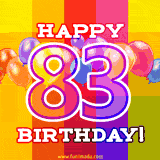A birthday cake with lit candles is shown with colorful balloons and animated confetti.