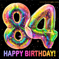 Shiny number 84 birthday celebration balloons with an iridescent glow and glitter on a black background with twinkling stars.