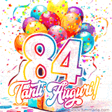 Animazione con palloncini colorati e scintillanti, accompagnata dal numero 84 in caratteri grandi e luminosi, e la scritta 'Tanti Auguri!' in stile vivace.