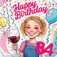 An animated birthday GIF featuring a smiling cartoon woman holding a glass of wine. Text reads 'Happy Birthday 84' surrounded by colorful balloons and confetti.