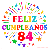 Imagen animada para felicitar los 84 años con letras de colores y diseño festivo.