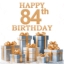 Festive animated eCard with elegant 'Happy 84th Birthday' text above a pile of luxurious blue, white, and gold gift boxes and presents.