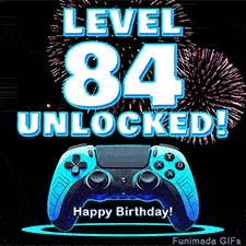 Animated GIF for a 84 birthday. The text 'Level 84 Unlocked!' and 'Happy Birthday!' are displayed over a blue video game controller with exploding fireworks in the background.