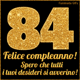 Un GIF animato per un 84° compleanno, Presenta il testo 'Buon Compleanno 84' su uno sfondo giallo vivo con palloncini colorati, festoni e una pioggia di coriandoli.