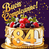 Un GIF animato di una bellissima torta per il 84° compleanno con glassa dorata e frutti di bosco freschi, Il numero dorato 84 è davanti, e stelle cadono su uno sfondo viola scuro.
