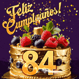 Una animación de celebración de una tarta para el 84º cumpleaños, Estrellas doradas caen del cielo, destacando el texto '¡Feliz Cumpleaños!' y el número dorado 84 en la tarta.