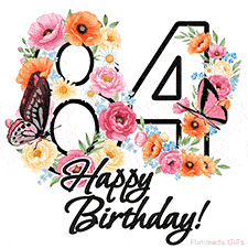 A floral 84th birthday animated greeting card. The number '84' is surrounded by animated flowers and butterflies, creating a beautiful and cheerful way to celebrate the milestone.