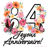 Ce GIF de Joyeux 84ème Anniversaire présente le nombre vingt rempli d'un bouquet vibrant de fleurs animées, avec des papillons qui bougent doucement sur un fond blanc.