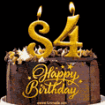 84 Birthday Chocolate Cake with Gold Glitter Number 84 Candles (GIF)