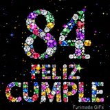 Gráfico con el número 84 y el texto FELIZ CUMPLE que han sido construidos usando piedras preciosas coloridas sobre un fondo negro con estrellas.