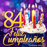 Animación festiva 84 años con una tarta de velas encendidas y el número 84 en oro sobre fondo morado brillante.