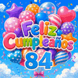 Animación festiva 84 años con globos de colores meciéndose suavemente y el número 84 azul sobre cielo radiante.