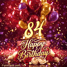 Bright balloons rise over gift boxes and red-white roses framing the golden 84 and Happy Birthday lettering with falling confetti