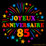 GIF animé 'Joyeux Anniversaire 85' avec des lettres colorées et des feux d'artifice éclatants