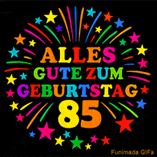 Animiertes GIF 'Alles Gute zum Geburtstag 85 mit bunten Buchstaben und leuchtenden Sternen