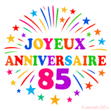 GIF animé joyeux anniversaire 85 ans avec étoiles multicolores et feu d’artifice
