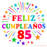Imagen animada para felicitar los 85 años con letras de colores y diseño festivo.