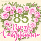 GIF per il 85° compleanno con un cuore di rose rosa e scritta elegante