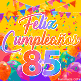 Un GIF animado para un 85º cumpleaños, Muestra el texto 'Feliz Cumpleaños 85' sobre un fondo amarillo vibrante con globos de colores, banderines y una lluvia de confeti.