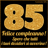 Un GIF animato per un 85° compleanno, Presenta il testo 'Buon Compleanno 85' su uno sfondo giallo vivo con palloncini colorati, festoni e una pioggia di coriandoli.