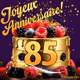 Une animation de célébration d'un gâteau de 85ème anniversaire, Des étoiles dorées tombent du ciel, mettant en valeur le texte 'Joyeux Anniversaire !' et le nombre doré 85 à l'avant du gâteau.
