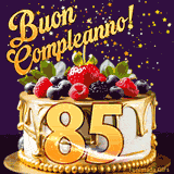 Un GIF animato di una bellissima torta per il 85° compleanno con glassa dorata e frutti di bosco freschi, Il numero dorato 85 è davanti, e stelle cadono su uno sfondo viola scuro.