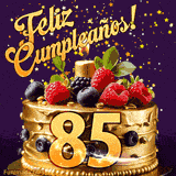 Una animación de celebración de una tarta para el 85º cumpleaños, Estrellas doradas caen del cielo, destacando el texto '¡Feliz Cumpleaños!' y el número dorado 85 en la tarta.