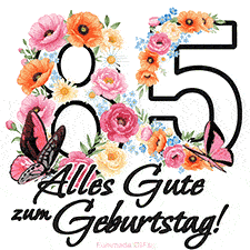Ein florales GIF zum 85. Geburtstag. Die Zahl '85' ist von animierten Blumen und Schmetterlingen umgeben und bietet eine schöne und fröhliche Art, den Meilenstein zu feiern.