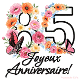 Ce GIF de Joyeux 85ème Anniversaire présente le nombre vingt rempli d'un bouquet vibrant de fleurs animées, avec des papillons qui bougent doucement sur un fond blanc.