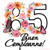 Questo GIF di Buon 85° Compleanno mostra il numero venti riempito con un vibrante bouquet di fiori animati, con farfalle che si muovono dolcemente su uno sfondo bianco.