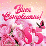 Animazione GIF per i 85 anni: rose di compleanno, farfalla rosa e uno sfondo animato di scintille e glitter rosa scintillanti.