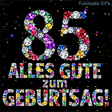 Farbige, glitzernde Edelsteine formen die Ziffer 85 und den Text Alles Gute zum Geburtstag auf schwarzem, von Lichtpunkten erfülltem Hintergrund.