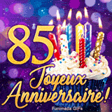 GIF 85ème anniversaire représentant le nombre 85 d'or brillant à côté d'un cupcake illuminé sur fond violet.