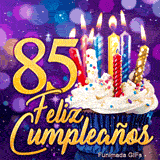 GIF 85º cumpleaños representando el número 85 de oro brillante junto a un cupcake iluminado sobre escenario lila.