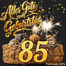 Vor dunklem Grund präsentiert sich eine Torte mit der 85. Eine sprühende Wunderkerze sorgt für Licht, begleitet von fallenden Sternchen.