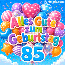 Eine große blaue 85 hängt an einem sich bewegenden Strauß aus Luftballons. Die festlichen Ballons formen Alles Gute zum Geburtstag am Wolkenhimmel.