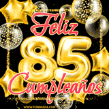 Animación de un GIF con el número 85 en dorado, rodeado de estrellas, burbujas brillantes y la frase 'Feliz cumpleaños' en letras modernas y festivas.