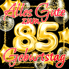 Glänzende goldene Ballons und ein quadratischer Glitzerrahmen: Animiertes GIF zum 85. Geburtstag mit der großen goldenen Zahl 85