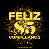 GIF animado con un diseño dorado, mostrando el número 85 rodeado de fuegos artificiales y luces que resaltan una atmósfera festiva y vibrante.