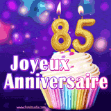 GIF animé joyeux anniversaire pour 85 ans avec un cupcake coloré, des bougies dorées en forme de 85 et un fond violet scintillant.
