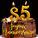 GIF animé pour un 85e anniversaire avec une élégante gâteau au chocolat, des bougies dorées formant le chiffre 85 et le texte 'Joyeux Anniversaire!' en écriture dorée.